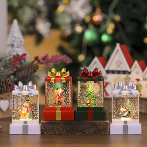 Christmas Snow Globe Water Lantern LED Glowing PVC Resin Gift Box Shape Santa Snowman Reindeer Desktop Holiday Decoration Night Light