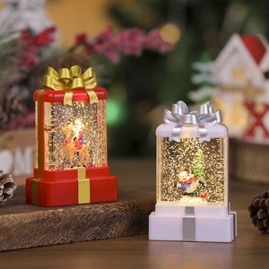 Luminous Christmas resin gift box lanterns with Santa and snowman scene decorations