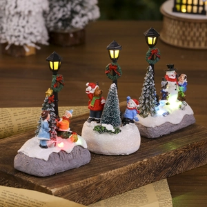 Luminous Christmas resin ornaments with snowman, elk, and LED street lamp for holiday decor