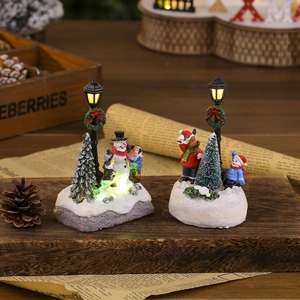 LED lit glowing Christmas resin miniatures with snowman and street lamp decorations