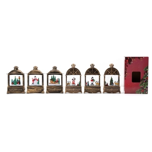 Set of 6 vintage Christmas lantern snow globes with Santa and reindeer in a gift box