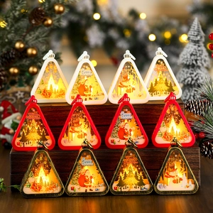 LED Christmas Lantern Triangular Night Light Battery Operated PVC Hanging Ornament Santa Snowman Reindeer Pattern Holiday Decoration