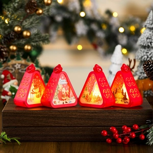 Set of four red Christmas lanterns with warm LED light and Santa snowman illustrations