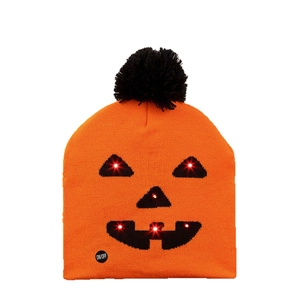 Halloween orange LED pumpkin knit hat with black pom-pom for kids and adults