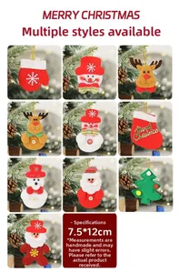 Macro view of Christmas plush ornaments including Santa and Reindeer with gold hanging cords