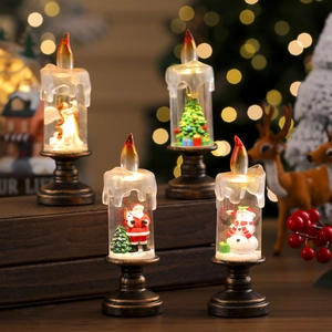 Christmas LED Electronic Candle Light Retro Decorative Lamp With Santa Snowman Tree Angel Miniature Landscape Bronze Base For Holiday Home Party