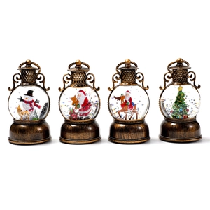 Christmas lantern ornaments with snow globe effect and LED light in retro bronze finish