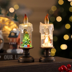 Christmas LED candle lanterns with Xmas tree and angel inside, warm festive atmosphere