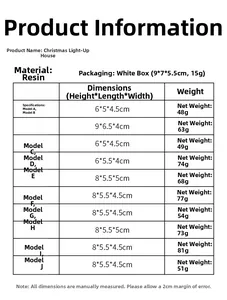Size chart for resin Christmas luminous houses with style dimensions and weight details