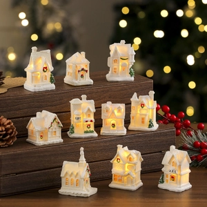 Luminous Christmas House Resin Miniature Village Snow Covered Warm LED Light Ornament For Holiday Home Desktop Decor