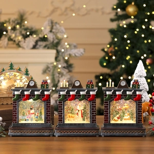 Luminous Christmas fireplace water lantern ornaments with snowman and Santa scenes