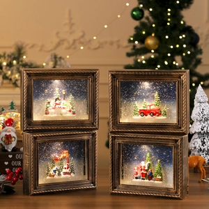 Boîte À Musique De Noël Cadre Photo Rétro Lumière LED Neige Tourbillonnante Décoration De Bureau Miniature