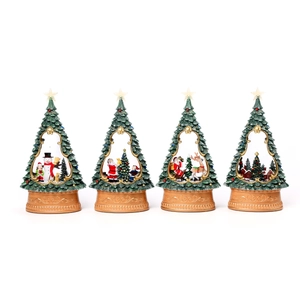Set van 4 muzikale kerstboomornamenten met sneeuwscènes en een gouden voetstuk