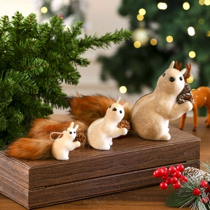 Three sizes of realistic flocked squirrel ornaments with pinecones for Christmas tree decor