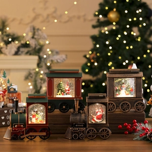 Luminous Christmas train snow globe with music and LED light featuring Santa and snowman