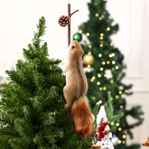 Detailed close-up of a realistic squirrel ornament with natural pine cone on a branch