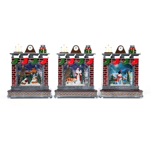 Three Christmas fireplace music boxes with Santa and Snowman scenes in gift style