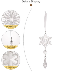 Macro display of clear acrylic snowflake ornaments with lanyard and teardrop crystal pendants