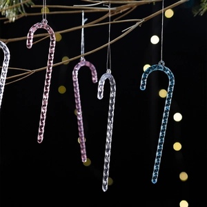 6-piece set of acrylic candy cane Christmas ornaments in pink, clear, and blue colors
