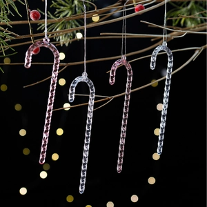 Set of 4 transparent acrylic candy cane ornaments with purple spiral for Christmas tree