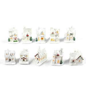 Set of 10 white resin Christmas village miniature houses with snow effect decor
