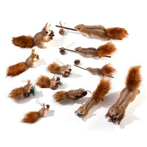 Realistic squirrel ornaments with fluffy tails and pinecones for Christmas tree decor
