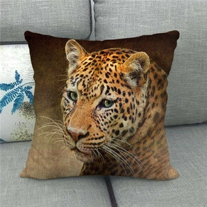 Macro detail of linen blend leopard print cushion cover with artistic feline fur texture