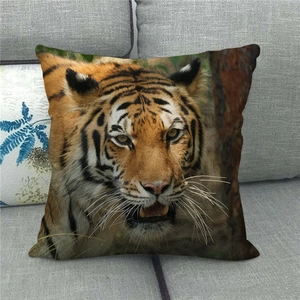 Realistic tiger portrait linen throw pillow cover displayed on a modern grey sofa