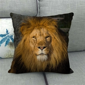 Detailed realistic lion print on square linen pillowcase with high-density fabric texture