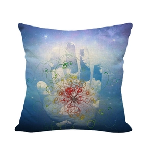Linen pillowcase with abstract hot air balloon penguin illustration and spiral art pattern