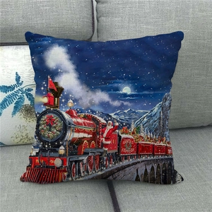 Detail of Santa's Express steam train print on linen Christmas throw pillow cover
