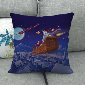 Close-up of Santa and snowman on reindeer sleigh linen pillowcase on grey sofa
