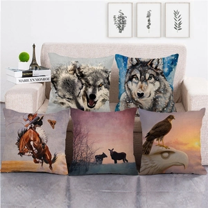 Wildlife Wolf Horse Eagle Oil Painting Linen Throw Pillow Case Square Animal Decorative Cushion Cover For Home Living Room Sofa Decor