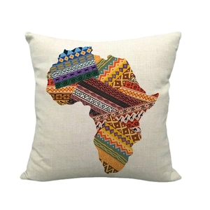 Watercolor Africa map design on beige linen throw pillow cover with ethnic tribal patterns