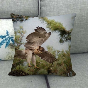 Detailed texture of linen pillowcase featuring a realistic eagle soaring through pine trees