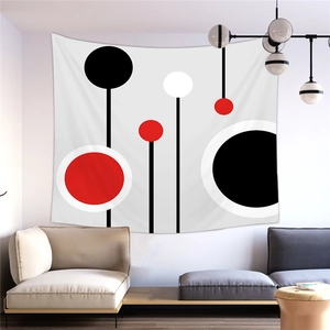 Tapisserie moderne abstraite avec points rouges géométriques dans un salon minimaliste