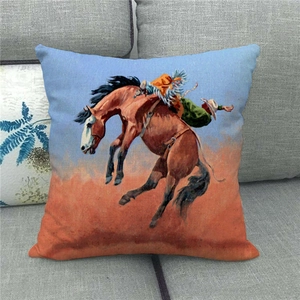 Detail shot of vintage rodeo oil painting print on linen texture square cushion cover