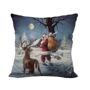 Linen Christmas pillow case featuring Santa Claus and reindeer in a snowy night scene