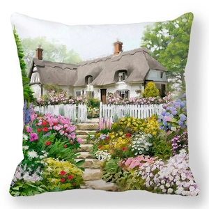 Detail of Christmas peach skin pillowcase showing rural cottage oil painting print