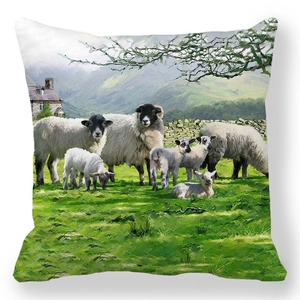 Detail of oil painting peach skin pillowcase showing black-headed sheep in rural landscape
