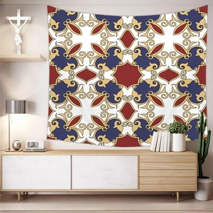 Detailed pattern of vintage Bohemian tapestry in burgundy and navy for home wall decor