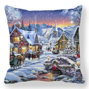 Christmas oil painting pillowcase featuring a snowy winter town scene on peach skin fabric