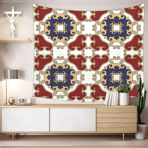 Bohemian mandala tapestry displayed above a wooden cabinet in a cozy living room scene
