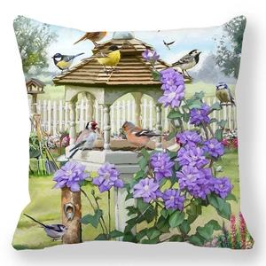 Detail of garden birdhouse and purple clematis painting on a soft peach skin pillowcase