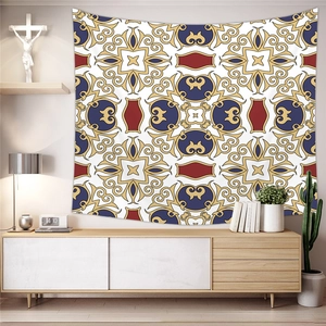 Detail of bohemian tapestry with symmetrical geometric patterns and peach skin fabric texture