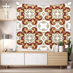 Detailed view of bohemian tapestry with red and gold geometric patterns in a home setting