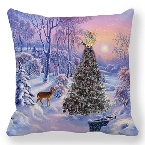 Detailed view of square pillowcase with Christmas tree and reindeer oil painting print