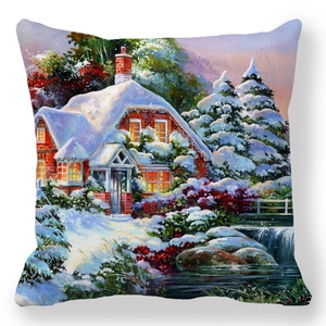 Detailed texture of peach skin pillowcase with vibrant Christmas oil painting scenery