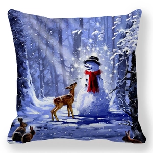 Detail view of square Christmas pillowcase with oil painting snowman and deer design