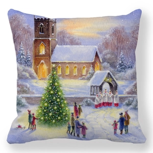 Detail of Christmas oil painting scene on soft square peach skin throw pillowcase